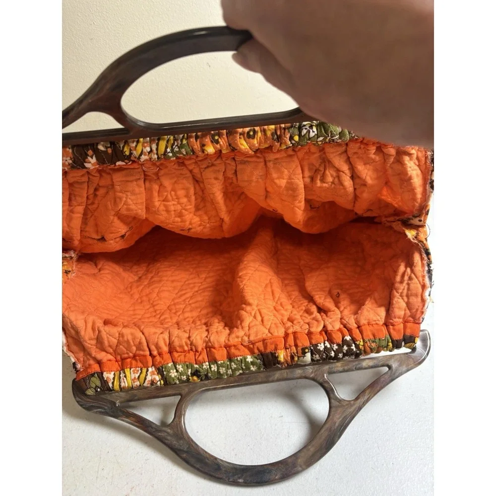 Vintage Groovy Quilted Patchwork Clutch Bag Purse 1960's Handmade Plastic Handle